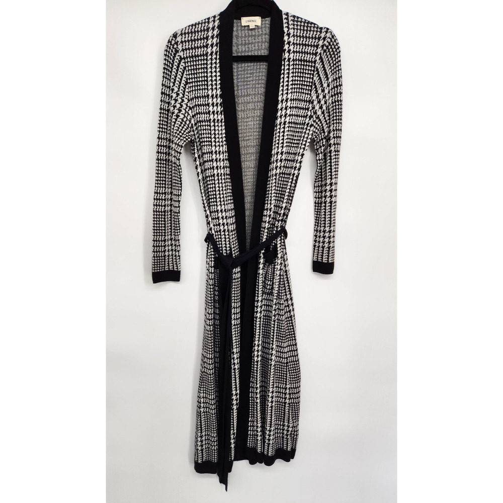 L’AGENCE Adeline Belted Long Cardigan Sz XS duster Black Grey Houndstooth #2G507 - Picture 2 of 12